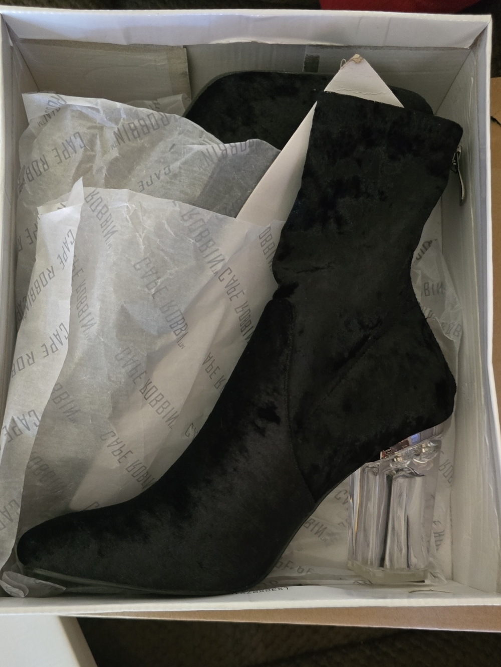 Cape Robbin Black Velvet Ankle Booties with Clear Block Heel